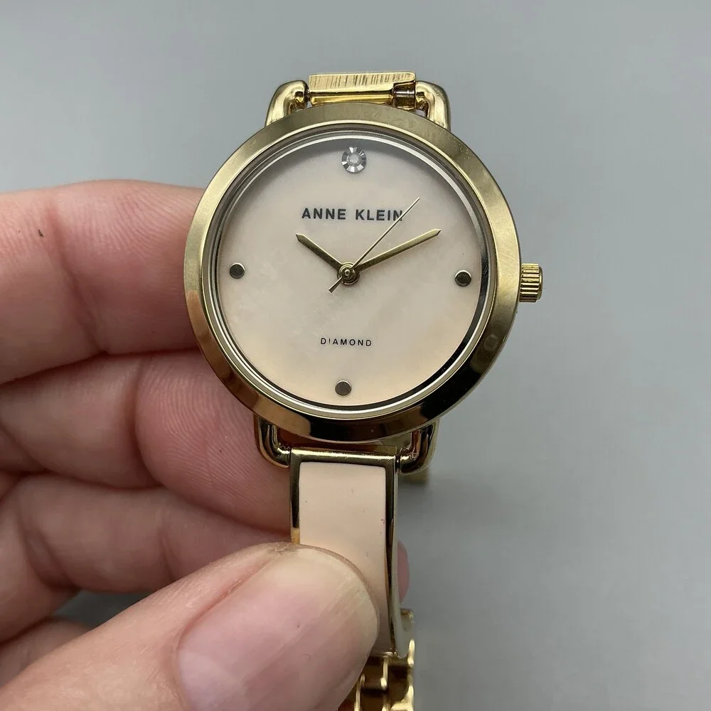 Anne Klein Womens Watch 30mm MOP Dial Gold Tone Beige Inlay New Battery 7